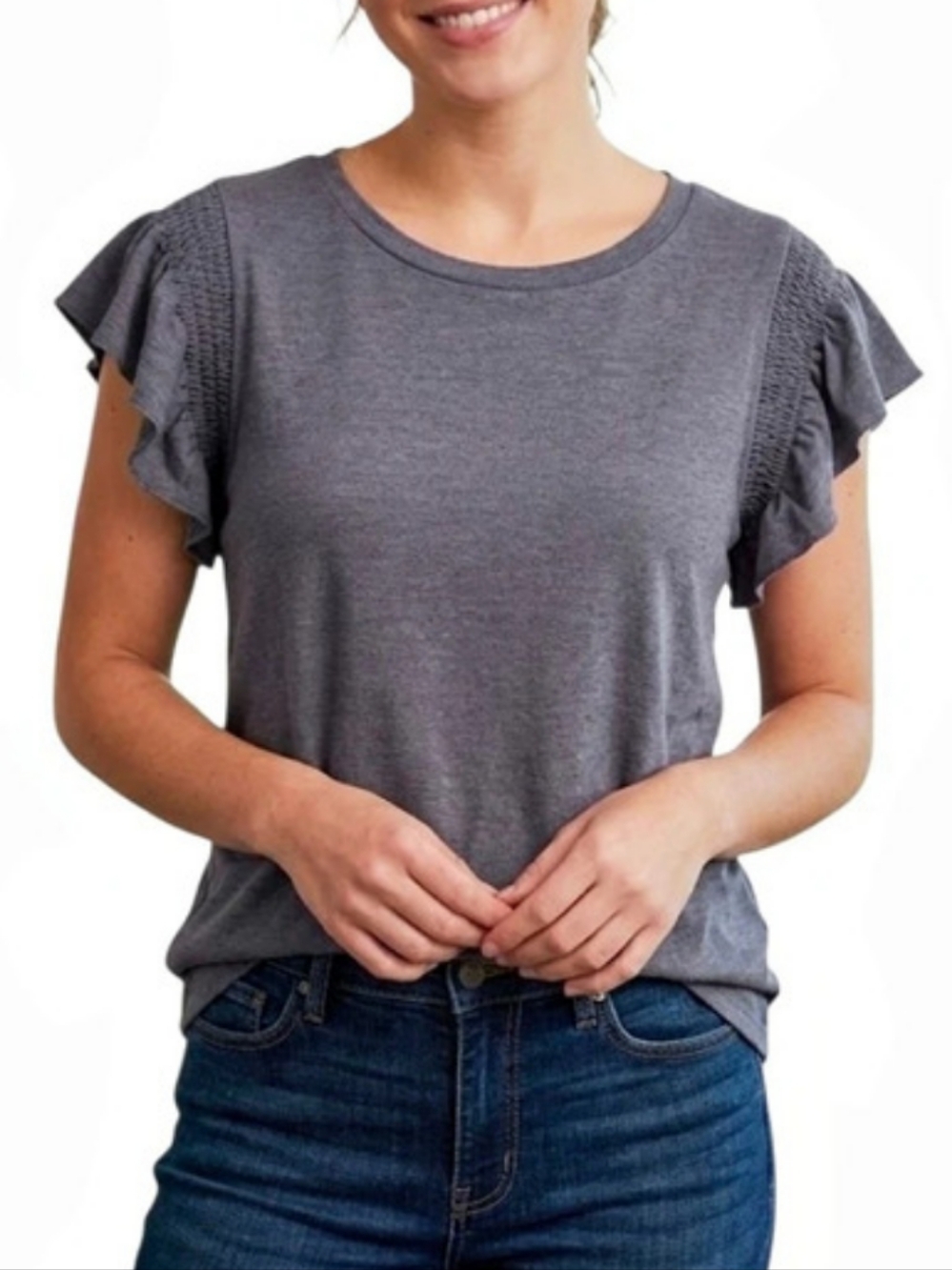 LOFT Gray Smocked Ruffle Sleeve Tee Top T-Shirt Size XL  NWT